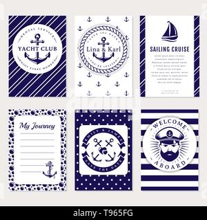 Marine banners, invitations and flyers set. Elegant card templates in white and navy blue colors. Sea wedding, yacht club, sailing cruise and other na Stock Vector