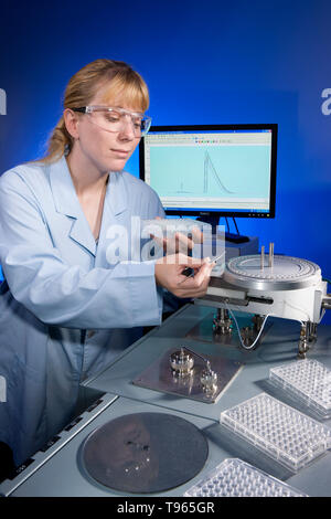 Technician conducts analysis of nitrogen and carbon in cover crops and potato plant samples. Stock Photo