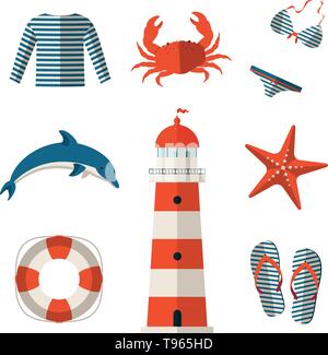 Set of sea and beach flat icons. Collection of design elements. Vector illustration. Stock Vector