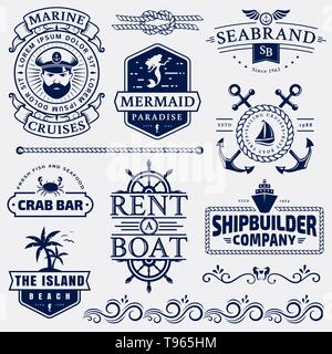 Sea and nautical typography badges, design elements, company logo, web decorations. Marine cruise, beach resort, seafood bar, shipbuilding. Vector set Stock Vector