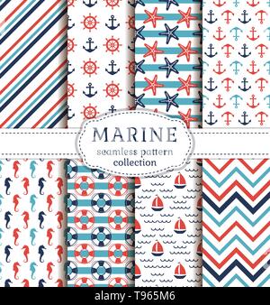 Set of marine and nautical backgrounds. Sea theme. Seamless patterns collection. Vector illustration. Stock Vector