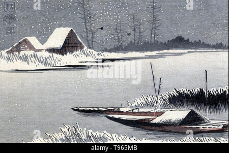 Yuki no watashiba. Ferryboats in snow. Two small boats moored among reeds on the edge of a river during a snow storm. Ukiyo-e (picture of the floating world) is a genre of Japanese art which flourished from the 17th through 19th centuries. Ukiyo-e was central to forming the West's perception of Japanese art in the late 19th century. The landscape genre has come to dominate Western perceptions of ukiyo-e. Stock Photo