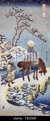 Two travelers, one on horseback, on a precipice or natural bridge during a snowstorm. Ukiyo-e (picture of the floating world) is a genre of Japanese art which flourished from the 17th through 19th centuries. Ukiyo-e was central to forming the West's perception of Japanese art in the late 19th century. The landscape genre has come to dominate Western perceptions of ukiyo-e. The Japanese landscape differed from the Western tradition in that it relied more heavily on imagination, composition, and atmosphere than on strict observance of nature. Katsushika Hokusai, circa 1890-1940s. Stock Photo