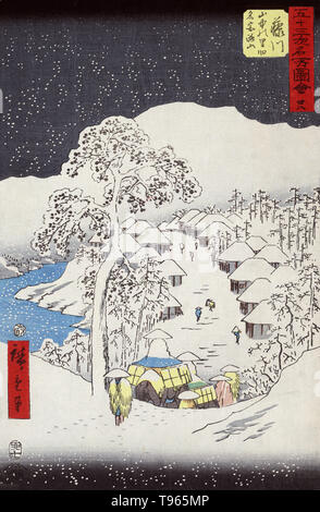 Fujikawa. Pilgrims passing through a small village in a snow-covered landscape; Fujikawa is the 38th station on the Tokaido Road. Ukiyo-e (picture of the floating world) is a genre of Japanese art which flourished from the 17th through 19th centuries. Ukiyo-e was central to forming the West's perception of Japanese art in the late 19th century .The landscape genre has come to dominate Western perceptions of ukiyo-e. Stock Photo