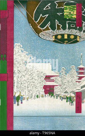 Asakusa kinryuzan. Kinryuzan Temple, Asakusa. Large paper lantern hanging in a gateway leading to a snow-covered walkway to the Kinryuzan Temple in Asakusa. Ukiyo-e (picture of the floating world) is a genre of Japanese art which flourished from the 17th through 19th centuries. Ukiyo-e was central to forming the West's perception of Japanese art in the late 19th century.The landscape genre has come to dominate Western perceptions of ukiyo-e. Stock Photo