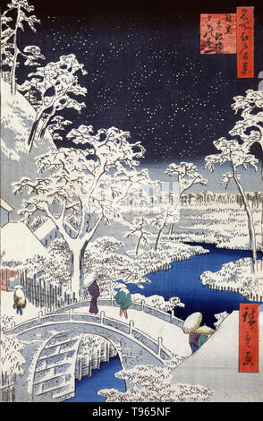 Meguro taikobashi yuhinooka. Meguro drum bridge and sunset hill. Pedestrians crossing a stone bridge during a snowstorm. Ukiyo-e (picture of the floating world) is a genre of Japanese art which flourished from the 17th through 19th centuries. Ukiyo-e was central to forming the West's perception of Japanese art in the late 19th century. The landscape genre has come to dominate Western perceptions of ukiyo-e. Stock Photo