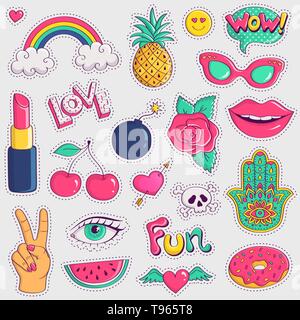 Set of cute and trendy patches. Colorful hand drawn stickers on white background. Vector collection. Stock Vector