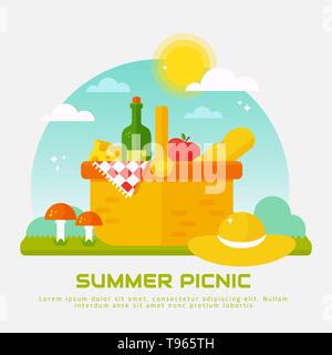 Summer picnic in nature. Vector banner. Basket with wine, cheese, bread, apple, hat and checkered blanket. Natural background with mushrooms, sky and  Stock Vector