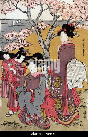 Gotenyama no hanami migi. Cherry blossom viewing at Gotenyama. Print shows two women, one seated, holding a box and one holding onto the sedan chair, also, a young girl holding an infant (or doll), with cherry blossoms above and sailboats in the background. A cherry blossom (commonly known in Japan as sakura) is the flower of any of several trees of genus Prunus, particularly the Japanese cherry, Prunus serrulata. Stock Photo