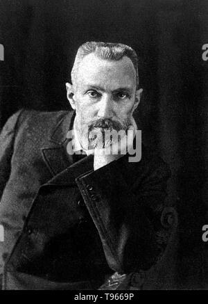 Pierre Curie (May 15, 1859 - April 19, 1906) ) was a French Nobel laureate physicist, a pioneer in crystallography, magnetism, piezoelectricity and radioactivity. In 1903 he received the Nobel Prize in Physics with his wife, Marie Salomea Sklodowska-Curie, and Henri Becquerel. He studied ferromagnetism, paramagnetism, and diamagnetism for his doctoral thesis, and discovered the effect of temperature on paramagnetism which is now known as Curie's law. Stock Photo