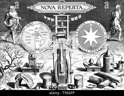 Title plate from a print series entitled Nova Reperta (New Inventions of Modern Times) consisting of a title page and 19 plates, engraved by Jan Collaert I, after Jan van der Straet, called Stradanus, and published by Philips Galle. The title is printed at the top of the plate just above an image of a printing press. There are 2 medallions also at the top: the medallion at left depicts the continents of America and Africa, and the medallion at represents a compass. Stock Photo