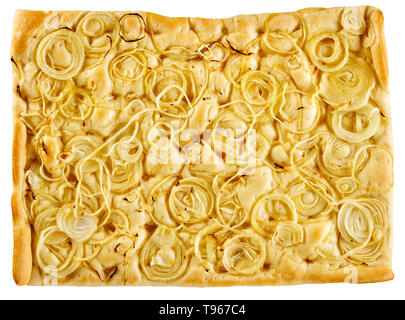 Italian Focaccia bread topped with thinly sliced onion rings and seasoning viewed from overhead isolated on white Stock Photo
