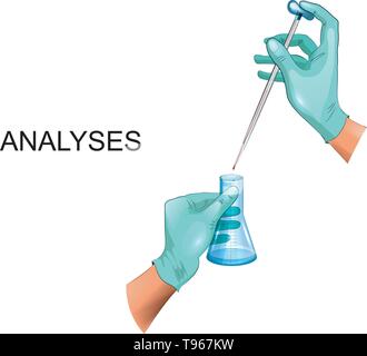 vector illustration of lab technician's hands holding a beaker and pipette Stock Vector