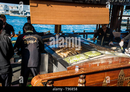 ISTANBUL, TURKEY - July 11 2017 : Traditional fish restaurants at sea on July 11, 2017 in Istanbul, Turkey Stock Photo