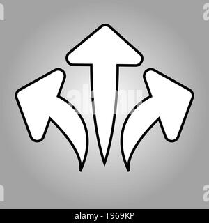 Three way direction arrow in flat style. Vector illustration. Road direction icon isolated Stock Vector