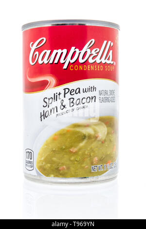 Winneconne, WI - 10 May 2019 : A can of Campbells Split pea with ham and bacon soup on an isolated background Stock Photo