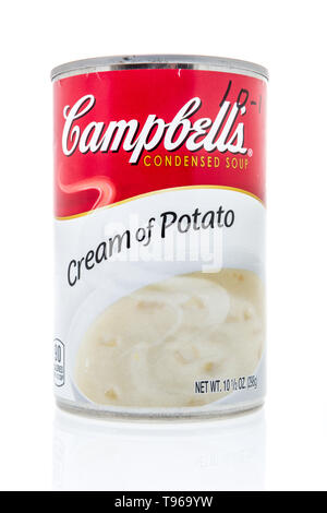 Winneconne, WI - 10 May 2019 : A can of Campbells cream of potato soup on an isolated background Stock Photo
