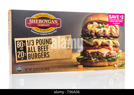 Winneconne, WI - 12 May 2019 : A package of Sheboygan frozen burgers on an isolated background Stock Photo