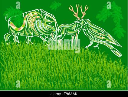 forest patterns. abstract animals and bird in forest Stock Vector