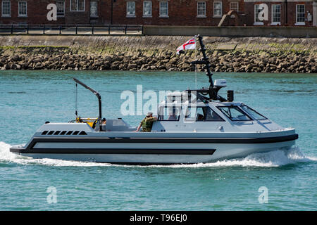 Royal Naval Motor Boat Hazard in Portsmouth Harbour, UK on the 10th April 2014. Stock Photo