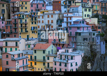 Close view of Manarola houses on the sunset, Cinque Terre, Liguria, Italy. UNESCO heritage Stock Photo