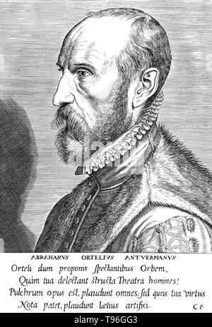 Abraham Ortelius (April 14, 1527 - June 28, 1598) was a Flemish cartographer and geographer. Beginning as a map-engraver, he entered the Antwerp Guild of Saint Luke as an illuminator of maps. He met Gerardus Mercator in 1554, who influenced his decision to become a scientific geographer. In 1564 he published his first map, Typus Orbis Terrarum, an eight-leaved wall map of the world. In 1578 he laid the basis of a critical treatment of ancient geography by his Synonymia geographica. Stock Photo