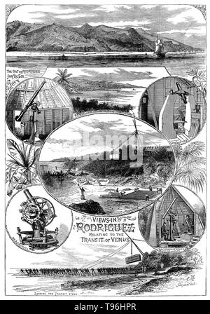Views in Rodriguez of the transit of Venus. The 1874 transit of Venus took place on December 9, 1874 (01:49 to 06:26 UTC). There were five official British expeditions or observation sites. One expedition travelled to Hawaii, with two others sent to the Kerguelen Archipelago in the far southern reaches of the Indian Ocean, and Rodrigues, an island further north in the Indian Ocean, near Mauritius. Stock Photo
