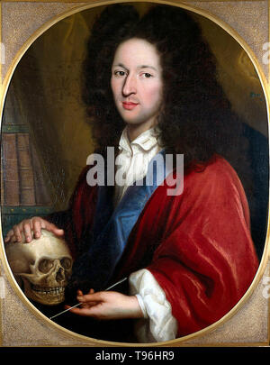 Painting of a man with a surgical instrument and a skull, said to be Bernhard Siegfried Albinus (1697-1770) a German-born Dutch anatomist. Albinus is best known for his monumental anatomical text, Tabulae sceleti et musculorum corporis humani, which was first published in Leiden in 1747, largely at his own expense. Stock Photo