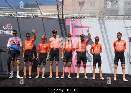 Cassino, Italy - May 16, 2019: CCC TEAM on the podium of the sixth stage of the 102th Tour of Italy Cassino-San Giovanni Rotondo Stock Photo