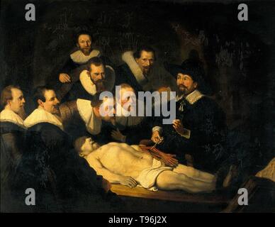 Entitled: 'The Anatomy Lesson of Dr. Nicolaes Tulp' reproduction of painting by Rembrandt van Rijn. Human dissection is commonly practiced in the teaching of anatomy for students of medicine. No universal prohibition of dissection or autopsy was exercised during the Middle Ages. Some European countries began legalizing the dissection of executed criminals for educational purposes in the late 13th and early 14th centuries. The Anatomy Lesson of Dr. Stock Photo