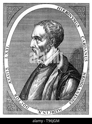 Gerolamo Cardano (September 24, 1501 - September 21, 1576) was an Italian polymath, whose interests ranged from being a mathematician, physician, biologist, physicist, chemist, astrologer, astronomer, philosopher, writer, and gambler. He was one of the most influential mathematicians of the Renaissance, and was one of the key figures in the foundation of probability, of the binomial coefficients and the binomial theorem. He wrote more than 200 works on science. Stock Photo