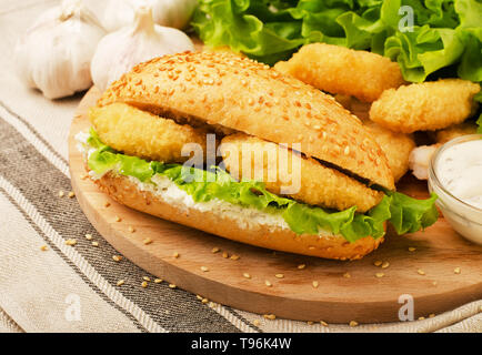 Delicious homemade spicy shrimp sandwich with lettuce, and sauce Stock Photo