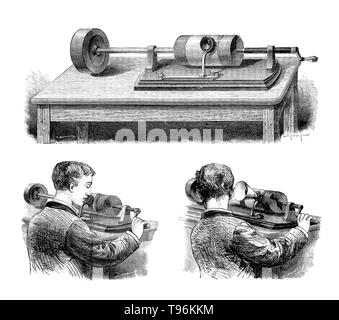 Edison wax cylinder recorder (phonograph). The phonograph was invented in 1877 by Thomas Edison. While other inventors had produced devices that could record sounds, Edison's phonograph was the first to be able to reproduce the recorded sound. His phonograph originally recorded sound onto a tinfoil sheet wrapped around a rotating cylinder. A stylus responding to sound vibrations produced an up and down or hill-and-dale groove in the foil. Stock Photo