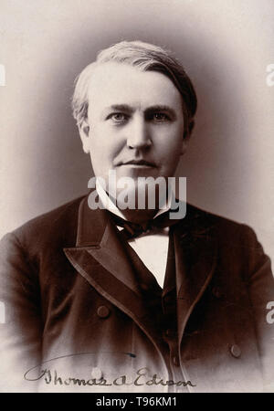 Thomas Alva Edison (February 11, 1847 - October 18, 1931) was an American inventor and businessman. He developed many devices that greatly influenced life around the world, including the phonograph, the motion picture camera, and a long-lasting, practical electric light bulb. He was one of the first inventors to apply the principles of mass production and large teamwork to the process of invention, and therefore is often credited with the creation of the first industrial research laboratory. Stock Photo