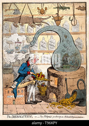 An alchemist using a crown-shaped bellows to blow the flames of a furnace and heat a glass vessel in which the House of Commons is distilled; satirizing the dissolution of parliament by Pitt. William Pitt the Younger (May 28, 1759 - January 23, 1806) was a prominent British Tory statesman. He became the youngest British prime minister in 1783 at the age of 24. He left office in 1801, but was Prime Minister again from 1804 until his death in 1806. Stock Photo