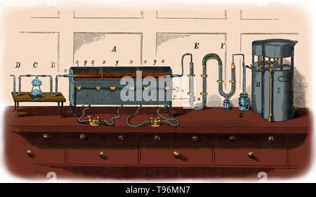 Liebig's apparatus for organic analysis, modified by Hofmann for use with gas as source of heat, 1853. Justus Freiherr von Liebig (May 12, 1803 - April 18, 1873) was a German chemist who made major contributions to agricultural and biological chemistry, and worked on the organization of organic chemistry. He devised the modern laboratory-oriented teaching method and is regarded as one of the greatest chemistry teachers of all time. Stock Photo