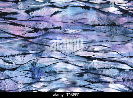 Hand painted Watercolor and ink bright seamless pattern with abstract water, waves and splashes. Stock Photo
