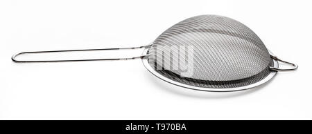 Metallic colander for cooking (kitchenware collection). Isolated on white background. Stock Photo