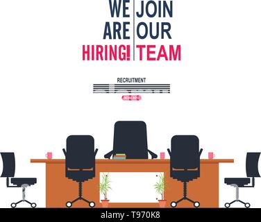 We're hiring and join our team concept with Office interior modern flat vector illustration. Business table with computer monitor and chair. Stock Vector