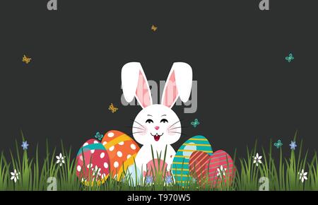 Easter eggs and cute bunny in green grass. Festive decoration. Stock Vector