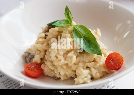 Creamy risotto with basil, cherry tomatoes and mushrooms in porcelain plate, close-up Stock Photo