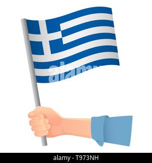 Greece flag in hand. Patriotic background. National flag of Greece  illustration Stock Photo