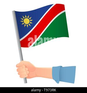 Namibia flag in hand. Patriotic background. National flag of Namibia  illustration Stock Photo