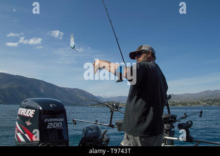Fisherman with fishing rod rigged with a flasher and spoon fishing for  Kokanee salmon on Lake Chelan,Washington State, USA Stock Photo - Alamy