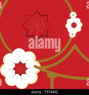 Red background with flowers and japanese temple Stock Vector