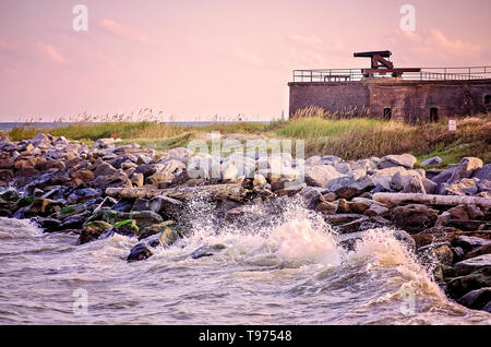 A cannon at Fort Gaines points toward Mobile Bay, Oct. 31, 2018, in Dauphin Island, Alabama. The fort was established in 1821. Stock Photo