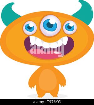 Cool cartoon alien with three eyes. Vector orange monster illustration. Halloween design Stock Vector