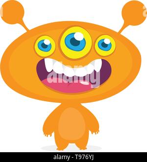 Cool cartoon alien with three eyes. Vector orange monster illustration. Halloween design Stock Vector