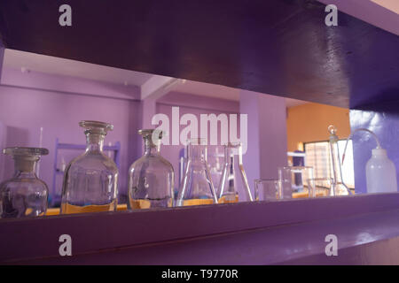 Closeup of Well arranged empty glass tubes at Empty Science laboratory Stock Photo