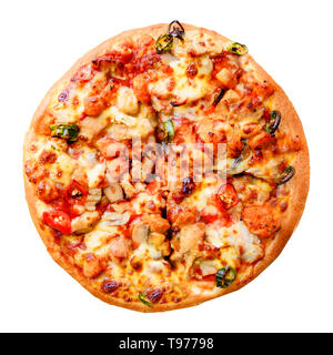 Pizza with Bacon, Sausage, Cheese, Ham, Capsicum and Cherry Tomatoes on White for Restaurants. Delicious Fresh Pizzas Served. Top ViewHomemade Pizza. Stock Photo